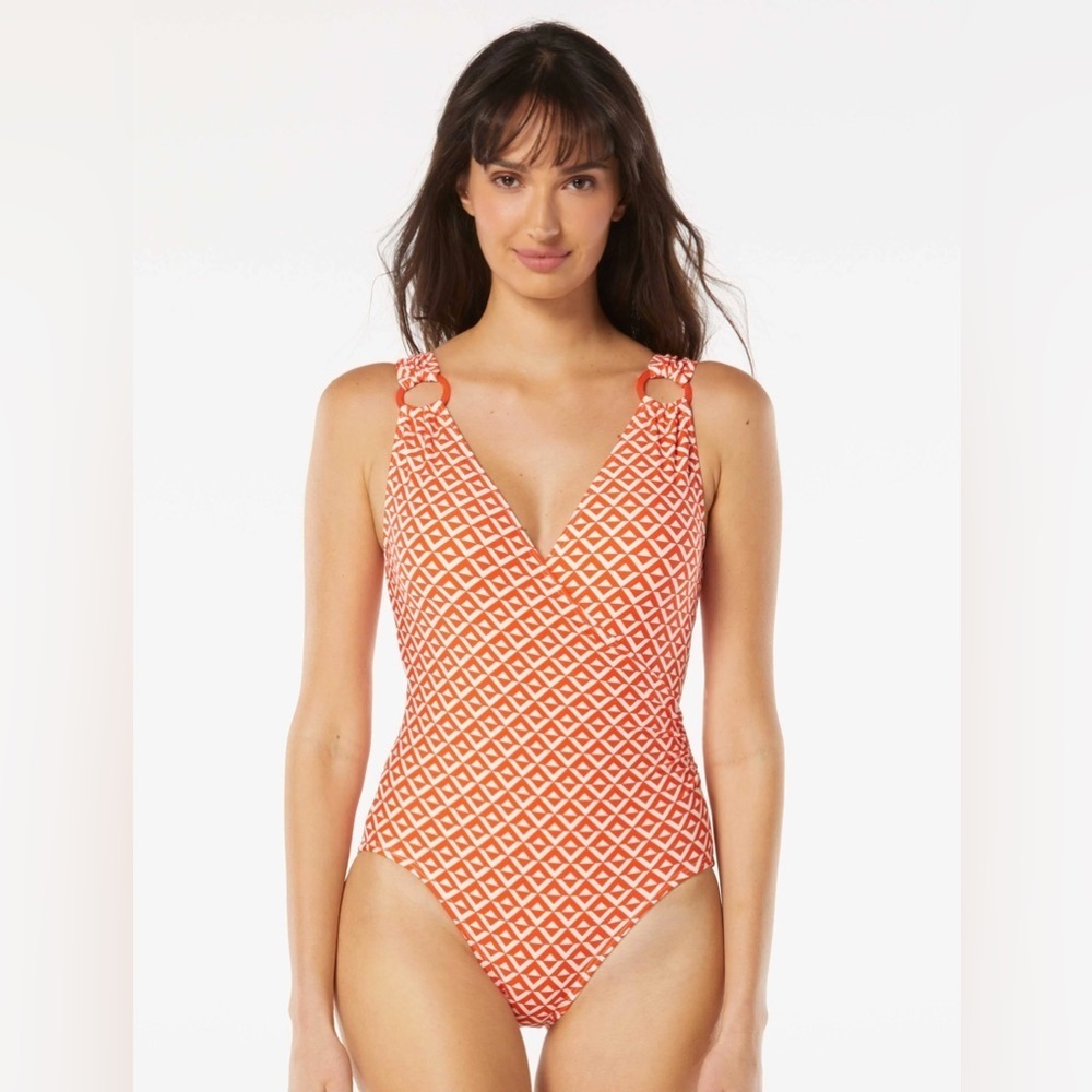 CARMEN MARC VALVO V-NECK SURPLICE ONE PIECE SWIMSUIT - ISLAND DIAMOND Sz 14